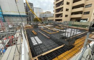 ＜モントーレ六本松ザ・マーク＞ 第2回報告書 1階躯体（2階床）配筋工事／1階躯体（2階床）配筋検査／1階躯体（2階床）日本ERI中間検査／1階躯体（2階床）コンクリート打設／全景