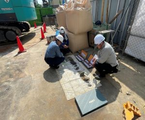 ＜モントーレ六本松ザ・マーク＞第1回報告書 支持地盤確認検査／土工事／均しコンクリート打設／基礎・地中梁 配筋検査／日本ERI中間検査／基礎・地中梁コンクリート打設／埋め戻し工事／土間 配筋検査／土間 コンクリート打設／全景