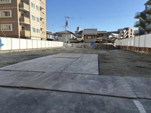 ＜モントーレ室見リバーサイド＞ 第2回報告書 基礎下地盤改良工事／土工事／均しコンクリート打設／全景