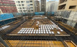 ＜モントーレ六本松ザ・マーク＞ 第3回 2階躯体（3階床）配筋工事／2階躯体（3階床）配筋検査／2階躯体（3階床）コンクリート打設／3階躯体（4階床）配筋工事／3階躯体（4階床）配筋検査／全景